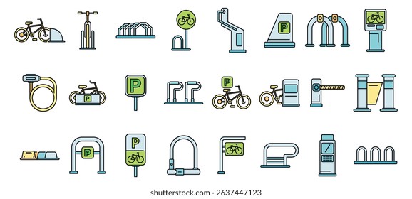 Bicycle parking icons represent secure storage solutions and infrastructure supporting urban cycling, promoting eco friendly transportation