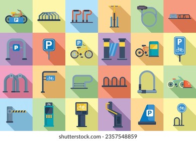 Bicycle parking icons set flat vector. Bike park. Rent cycle