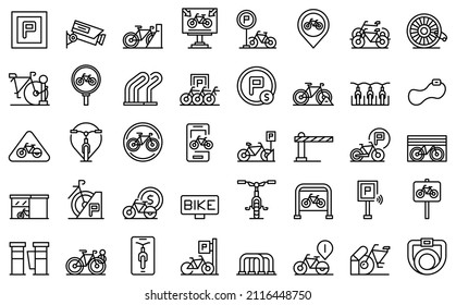 Los iconos de estacionamiento de bicicletas establecen el vector de contorno. Parque de bicicletas. Ciclo de alquileres