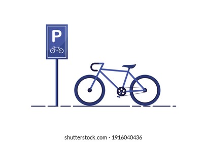 Bicycle Parking illustration. Bike park sign. P road sign. Correctly labeled bicycle parking spot for pedestrians. Parking space. Flat design. Blue. Eps 10