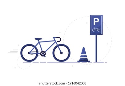 Bicycle Parking illustration. Bike park sign. P road sign. Correctly labeled bicycle parking spot for pedestrians. Parking space. Flat design. Blue. Eps 10