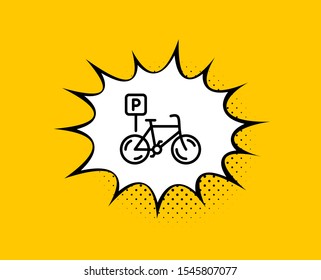 Bicycle parking line icon. Comic speech bubble. Bike park sign. Public transport place symbol. Yellow background with chat bubble. Bicycle parking icon. Colorful banner. Vector