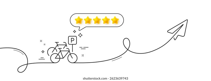 Bicycle parking line icon. Continuous line with share plane. City bike transport sign. Outdoor transportation symbol. Five star rate review in speech bubble. Bicycle parking single line ribbon. Vector