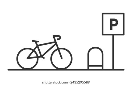 Icono lineal de estacionamiento de bicicletas. Zona de plaza de aparcamiento. Portabicicletas. Ilustración de vector