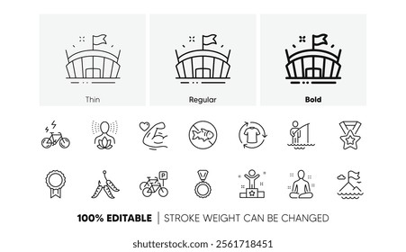 Bicycle parking, Mountain flag and Winner line icons. Pack of Fisherman, Stop fishing, Reward icon. E-bike, Maggots, Change clothes pictogram. Yoga, Arena, Yoga balance. Medal. Line icons. Vector