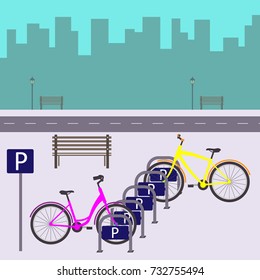 Bicycle Parking on a city street. Two bicycles at parking. Vector illustration in flat style