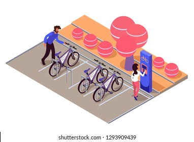 Bicycle parking in park near alley, walking path. Isometric electronic bicycle renting station.  Concept isolated table with bike sharing. Womаn and man take a bicycle for rent