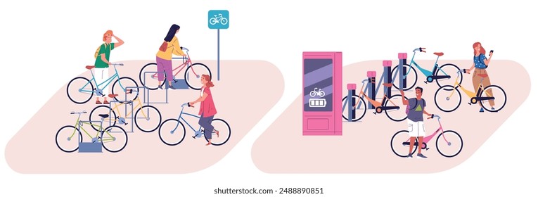 Bicycle parking. People stand at rental bikes storage on street public place, cycle outdoor rack or charge station electric bike safety transport, biking classy vector illustration authors graphics