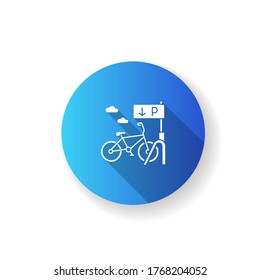 Bicycle parking rack blue flat design long shadow glyph icon. Ecological transportation. Corporate parking lot with road sign. Navigation pointer for bike. Silhouette RGB color illustration