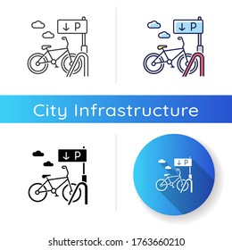 Bicycle parking rack icon. Ecological transportation. Corporate parking lot with road sign. Navigation pointer for bike. Linear black and RGB color styles. Isolated vector illustrations