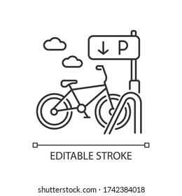 Bicycle parking rack pixel perfect linear icon. Ecological transportation. Navigation for bike. Thin line customizable illustration. Contour symbol. Vector isolated outline drawing. Editable stroke