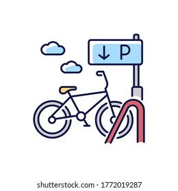 Bicycle parking rack RGB color icon. Ecological urban transportation. Corporate parking lot with road sign. Navigation pointer for bike. City transit means. Isolated vector illustration