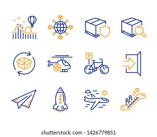 Bicycle parking, Roller coaster and Exit icons simple set. Airplane travel, Rocket and Search package signs. Logistics network, Paper plane and Medical helicopter symbols. Line bicycle parking icon
