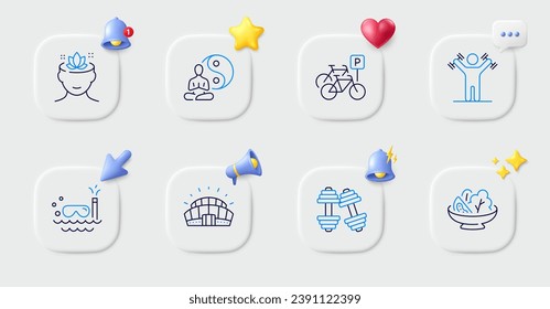 Bicycle parking, Sports stadium and Yoga line icons. Buttons with 3d bell, chat speech, cursor. Pack of Dumbbells workout, Scuba diving, Yoga mind icon. Salad, Dumbbells pictogram. Vector