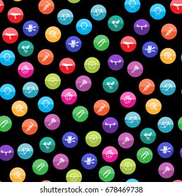 Bicycle part icons series in color circles. Seamless pattern. Background vector illustration.