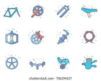 Bicycle part icons series in flat colors style.