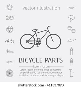 Bicycle parts and accessories. Line icons set. Vector illustration.