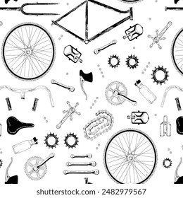 Bicycle parts and gears. Vector.Set of bicycle parts.Seamless pattern in doodle style.Bicycle accessories.