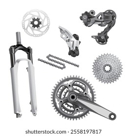 Bicycle parts illustration, vector. Bicycle repair, bike workshop. Realistic sprocket, chain, pedal, fork