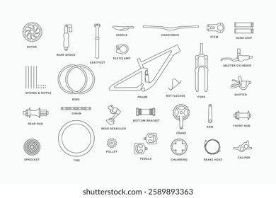 Bicycle parts line icons set. Mountain bike part, MTB bike build  visual guide. Thin line vector illustration Bicycle parts with names infographic. Editable stroke