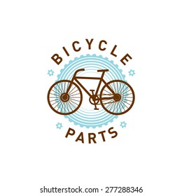 Bicycle parts repair logo. Bike silhouette on the gear background. Service symbol.