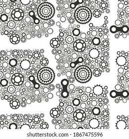 Bicycle parts. Seamless pattern of bolts, nuts, stars for repair service shops. Vector image.