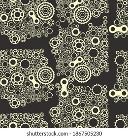 Bicycle parts. Seamless pattern of bolts, nuts, stars for services, repair shops. Vector abstract image.
