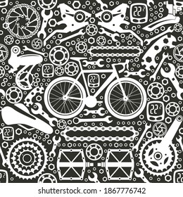 Bicycle parts. Seamless pattern of bolts, nuts, stars for services, repair shops. Vector abstract image.