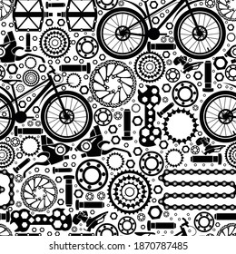 Piezas de bicicleta. Patrón sin inconvenientes de pernos, tuercas, estrellas de servicios, talleres de reparación. Imagen abstracta vectorial.