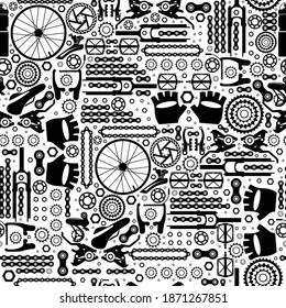 Bicycle parts. Seamless pattern of bolts, nuts, stars for services, repair shops. Vector abstract image.