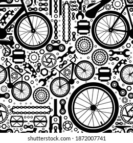 Bicycle parts. Seamless pattern of bolts, nuts, stars for services, repair shops. Vector abstract image.