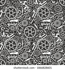 Bicycle parts. Seamless pattern. Set of isolated vector images.