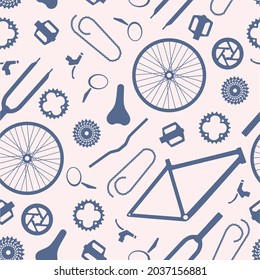 Bicycle parts seamless pattern. Spare for bike repair and service, workshop. Frame. Saddle. Brake. Pedal. Tire. Spoke. Fork.Rear derailleur. Rim. Chain ring. Colorful flat vector illustration isolated