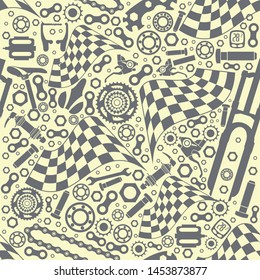 Bicycle parts with a starting flag. Seamless pattern. Vector image.
