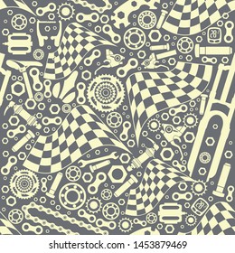 Bicycle parts with a starting flag. Seamless pattern. Vector image.