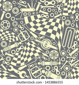 Bicycle parts with a starting flag. Seamless pattern. Vector image.