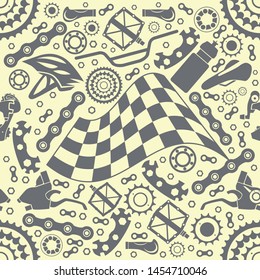 Bicycle parts with a starting flag. Seamless pattern. Vector image.