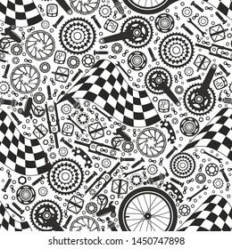 Bicycle parts and starting flags. Vector set. Seamless pattern.