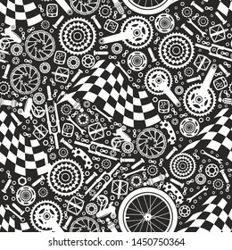Bicycle parts and starting flags. Vector set. Seamless pattern.