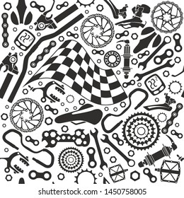 Bicycle parts and starting flags. Vector illustration. Seamless pattern.