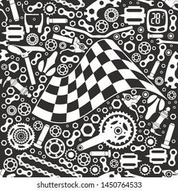 Bicycle parts and starting flags. Vector illustration. Seamless pattern.