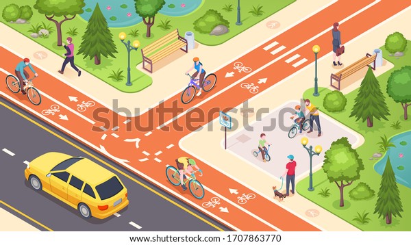 Bicycle path and bike road lane in city\
street, vector isometric illustration. Urban traffic road lane with\
biking, pedestrian and transport path, crossing marking and\
children bicycle\
playground