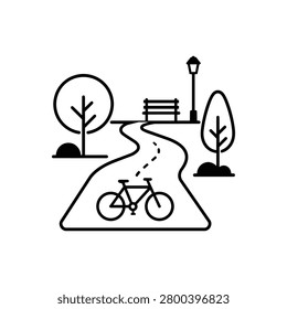 Bicycle path icon with bike on winding park trail, trees, bench, and lamp, black and white vector symbol for cycling route