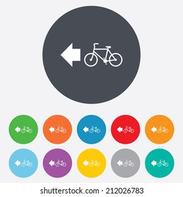 Bicycle path trail sign icon. Cycle path. Left arrow symbol. Round colourful 11 buttons. Vector