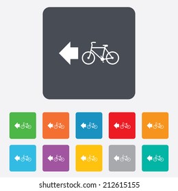Bicycle path trail sign icon. Cycle path. Left arrow symbol. Rounded squares 11 buttons. Vector