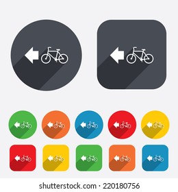 Bicycle path trail sign icon. Cycle path. Left arrow symbol. Circles and rounded squares 12 buttons. Vector