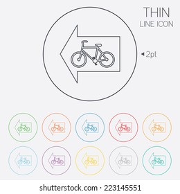 Bicycle path trail sign icon. Cycle path. Left arrow symbol. Thin line circle web icons with outline. Vector
