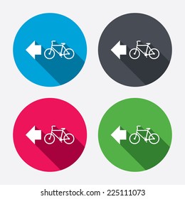 Bicycle path trail sign icon. Cycle path. Left arrow symbol. Circle buttons with long shadow. 4 icons set. Vector
