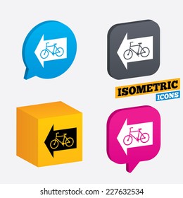 Bicycle path trail sign icon. Cycle path. Left arrow symbol. Isometric speech bubbles and cube. Rotated icons with edges. Vector