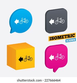 Bicycle path trail sign icon. Cycle path. Left arrow symbol. Isometric speech bubbles and cube. Rotated icons with edges. Vector